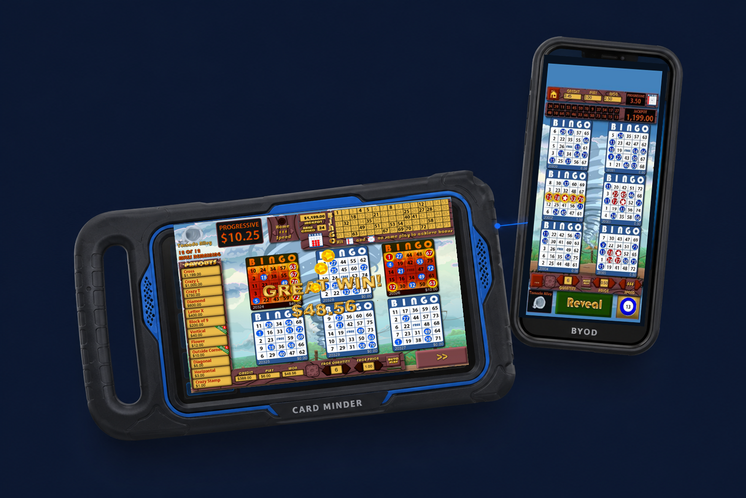 Tornado Bingo running on a handheld card minder and a player’s BYOD phone